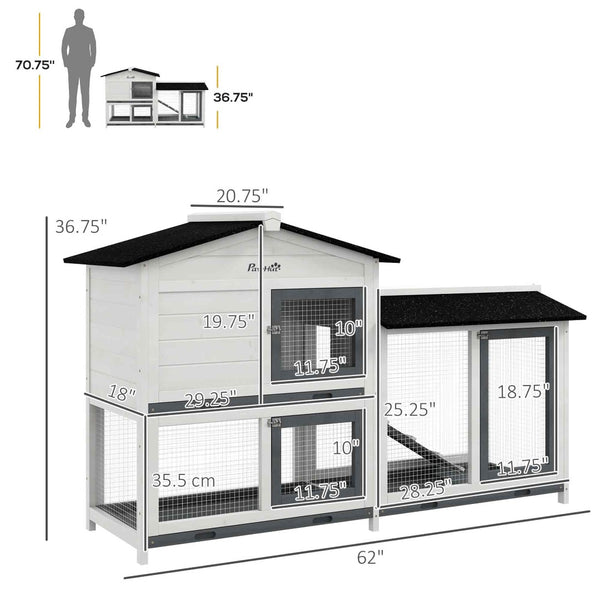 English Elm Pawhut Two-story Wooden Rabbit Hutch Outdoor Fir Frame Run Area Asphalt Roof W2225P249602