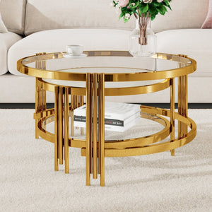 English Elm Modern Nesting Coffee Table Set Textured Tempered Glass Gold Tripod Base Living Room N735P354005A