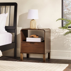 English Elm Walker Edison - Modern Solid Wood Nightstand with Curved Top and Drawer, Minimalist Pine Design for Bedroom Storage and Side Table Brown 26.5 L x 19 W x 6 H B185P168921