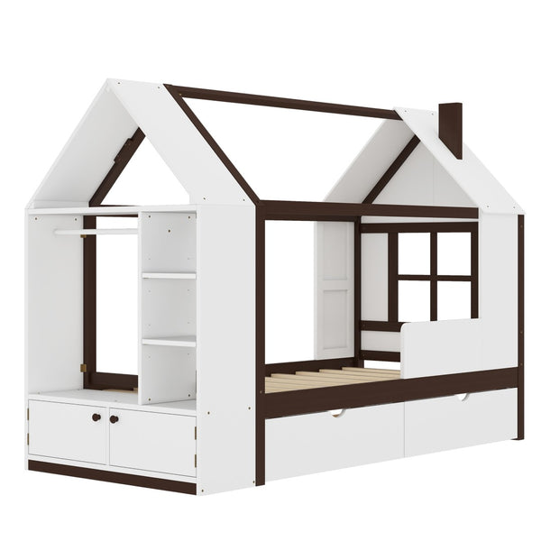English Elm Twin House Frame Bed Pine Wood with Storage Drawers and Shelves for Kids Bedroom W1580S00573