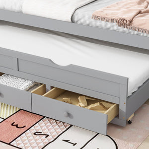 English Elm Twin Twin Size Bed with Trundle and Three Storage Drawers, Space-Saving Pine Frame with Classic Headboard Grey W504P197161