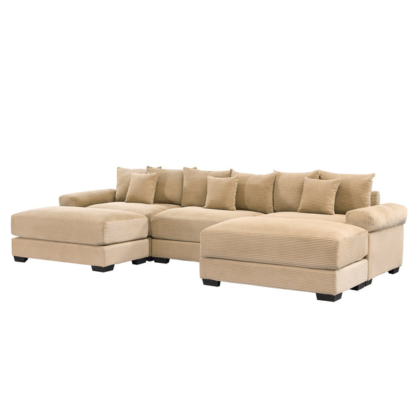 English Elm 130" Oversized Cloud Modular Sectional Couch In Plush Camel Corduroy, Ergonomic Design & Ottoman Included For Ultimate Comfort W714S01309