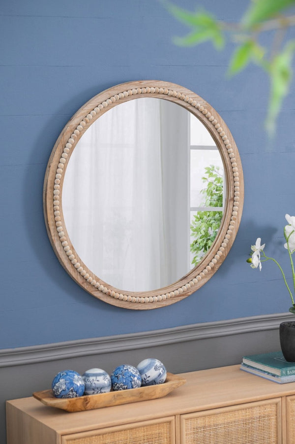 English Elm D30" Lowley Round Beaded Wood Frame Wall Mirror Bohemian Rustic Accent Decor W2078P296026