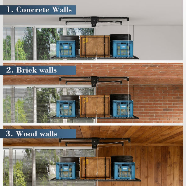 English Elm Overhead Garage Storage Rack with Crank Lowering Steel Platform for High Ceilings W2700P346226