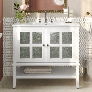 English Elm Christopher Knight Home® - 36" Bathroom Vanity with Ceramic Sink, Solid Wood Legs, Waterproof Finish, Soft-Close Hinges, Open Shelf, Silver Knobs White N817P286249W