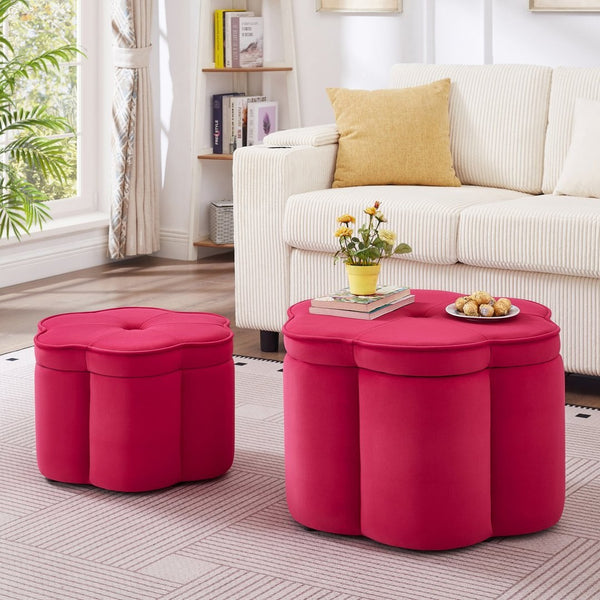 English Elm Set of 2 Flower Petal Velvet Storage Ottomans Sculptural Nesting Seating for Living Room Rose Pink W2186P440355