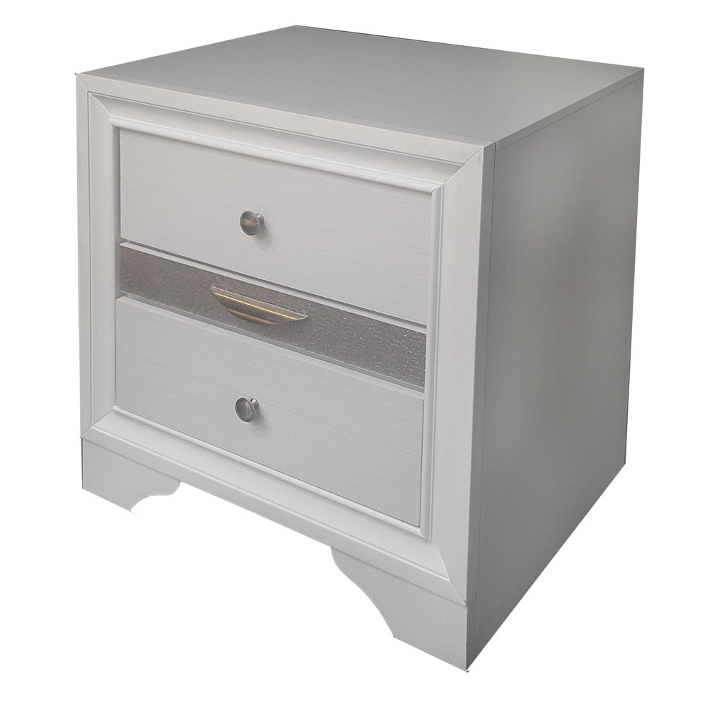 English Elm Naima White Finish Nightstand with Jewelry Drawer, Glitter Trim, Silver Knobs & Curved Legs, Compact Elegance B2726P261238