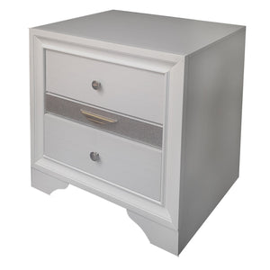 English Elm Naima White Finish Nightstand with Jewelry Drawer, Glitter Trim, Silver Knobs & Curved Legs, Compact Elegance B2726P261238