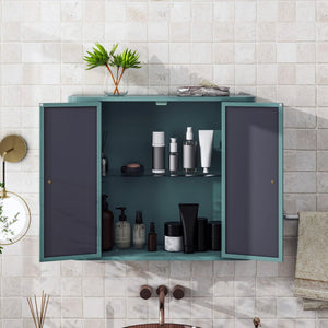 English Elm Army Green Bathroom Storage Cabinet With Mirror, 2 Doors & Open Shelf For Stylish Organization W3122P272875