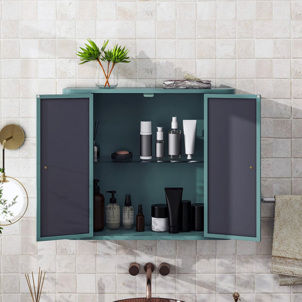 English Elm Army Green Bathroom Storage Cabinet With Mirror, 2 Doors & Open Shelf For Stylish Organization W3122P272875