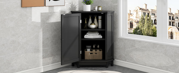 English Elm Black Triangle Corner Bathroom Cabinet with Adjustable Shelves, Modern MDF Storage Organizer, 70lb Capacity, Space-Saving Design N725P172615B