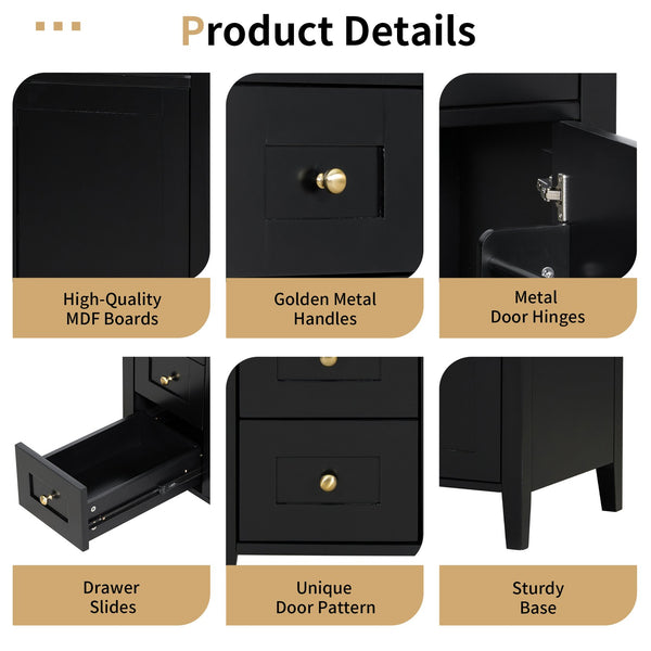 English Elm 30-Inch Contemporary Bathroom Vanity with Sink, MDF & Rubberwood, Glossy Finish, 3 Drawers + Cabinet Black N725P350819B
