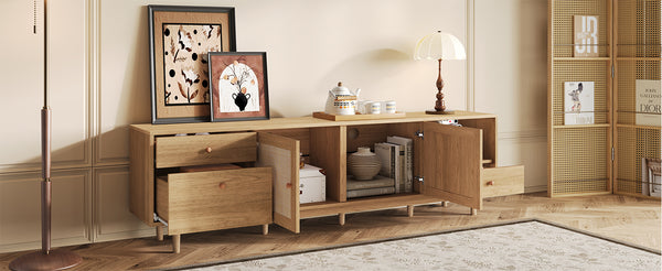 English Elm Boho Natural Rattan TV Stand for Up to 85" TVs, 3 Drawers + Cabinets & Open Shelves, Modern Wood console with organic texture and sturdy 110 lb capacity N710P339452P