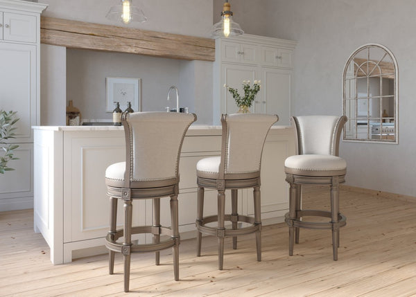 English Elm 26in. Wood High-back Swivel Barstool Farmhouse Style Nailhead Upholstered Kitchen Seat Gray B2751P436431