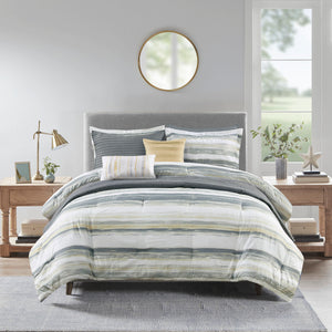 English Elm 8 Piece Printed Seersucker Comforter Set In Yellow & Gray - Stylish, Hypoallergenic King/Cal King Collection B03597255