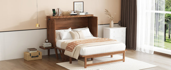 English Elm Full Size Pine Cabinet Murphy Bed with Usb Charging Side Shelves for Guest Rooms W504S00221