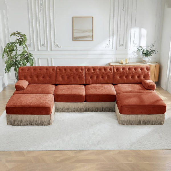 English Elm 4-seater Modular Sectional with Ottomans Tufted Fleece Sofa Tassel Skirt Retro Luxe Red+Brown W714S01727