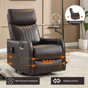 English Elm Blue Fabric Swivel Rocker Recliner with Massage Heat Nodes for Living Room Comfort Brown Pu W1803P321813
