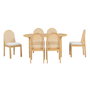 English Elm Trexm Farmhouse Oval Dining Set Seats Six with Rattan Back Chairs Oak Veneer Table Beige,Natural ST000157AAD