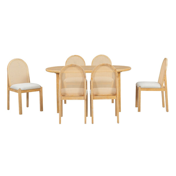 English Elm Trexm Farmhouse Oval Dining Set Seats Six with Rattan Back Chairs Oak Veneer Table Beige,Natural ST000157AAD