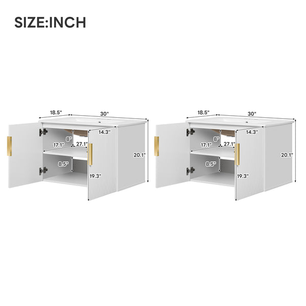 English Elm 60" Vintage Bathroom Vanity with Ceramic Sink Wall-Mount Modern Striped Design Durable MDF Wood Finish White N710SS00010K