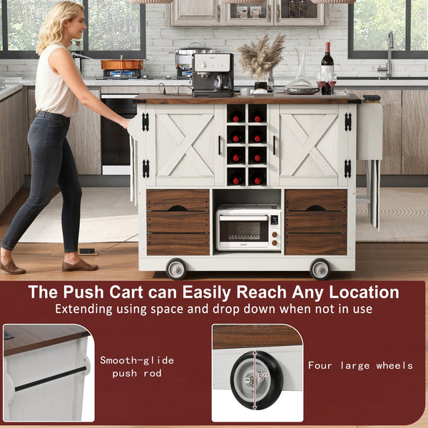 English Elm K&K 54" Farmhouse Kitchen Island Cart with Drop Leaf, Wine Rack, Power Outlet and Rolling Storage White N707P349814W