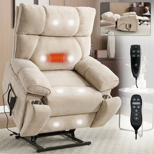 English Elm Beige Chenille Power Lift Recliner Dual Motor Massage Heat 350 Lb Capacity Beige W1803P264021