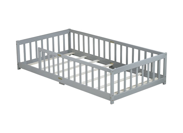 English Elm Twin Low Profile Rubberwood Floor Bed with Full Safety Fence for Toddler Rooms Grey W504P429333