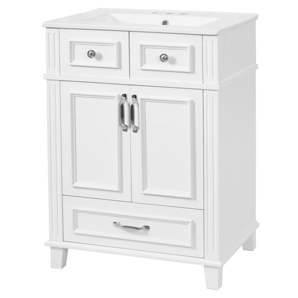 English Elm 24'' Retro Bathroom Vanity Solid Rubberwood Frame Ceramic Sink Soft Close Storage White N710P405405K