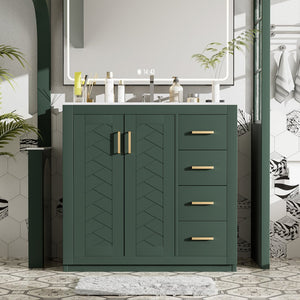 English Elm 36'' Bathroom Vanity with Ceramic Sink Combo Solid Wood Frame Soft-Closing Drawers Ample Storage Elegance Green N710P243327F
