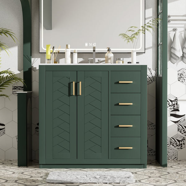 English Elm 36'' Bathroom Vanity with Ceramic Sink Combo Solid Wood Frame Soft-Closing Drawers Ample Storage Elegance Green N710P243327F