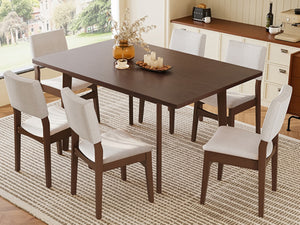 English Elm 7-piece Rectangular Rubberwood Dining Set with Six Linen Upholstered Stackable Chairs Dark Walnut N752S000018D