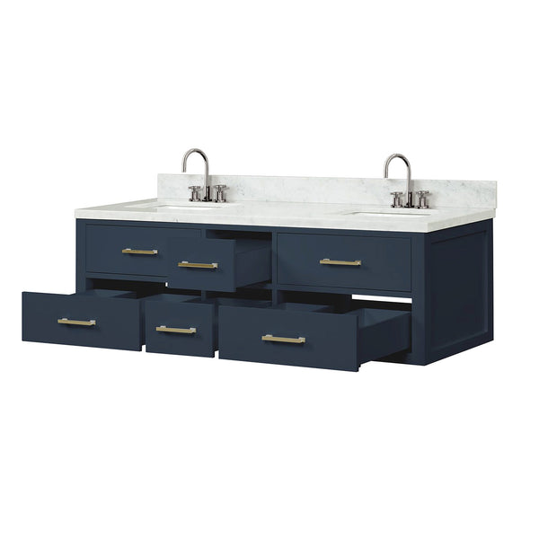 English Elm Blue Double Bath Vanity 60" W x 22" D with Carrara Marble Top, Chrome Gooseneck Faucets, Soft-Close Cabinets B2731P258046