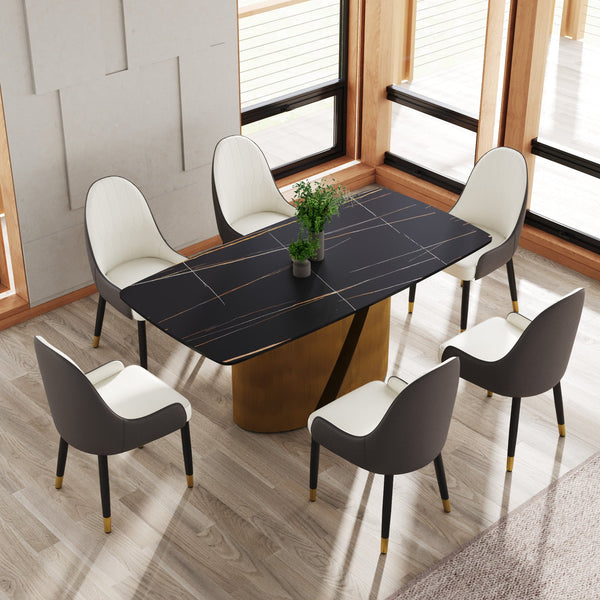 English Elm 70.86" Modern Sintered Stone Dining Table With Curved Black Top & Bronze Iron Legs For 6-8 People W1535S00362