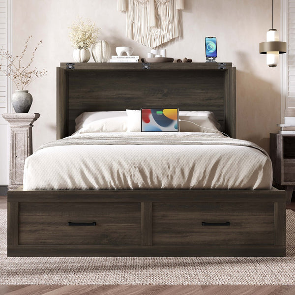 English Elm Murphy Full-Size Cabinet Bed with Built-In Charging Station, Storage Drawer & 700lb Capacity Comfort Gray 52.5 L x 26 W x 5.5 H N733S293995G