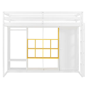 English Elm Twin Loft Bed with Wardrobe Shelves and Cabinet Kids Bedroom Wood Storage Frame Yellow+White N708S00023K