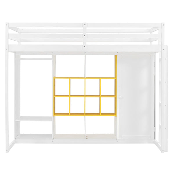 English Elm Twin Loft Bed with Wardrobe Shelves and Cabinet Kids Bedroom Wood Storage Frame Yellow+White N708S00023K