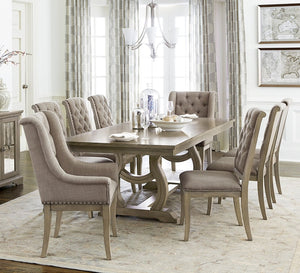 English Elm Classic Oak Veneer Extendable Trestle Dining Set with Tufted Nailhead Chairs Seats Eight B011S02339
