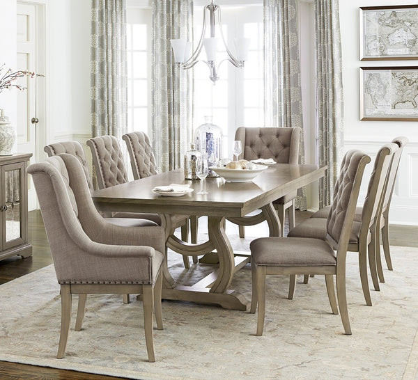 English Elm Classic Oak Veneer Extendable Trestle Dining Set with Tufted Nailhead Chairs Seats Eight B011S02339