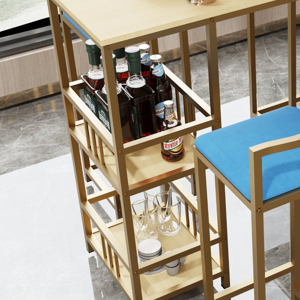 English Elm Bar Table and Four Cushioned Chairs Gold Iron Frame with Built-in Shelf Coastal Style W3064P245382