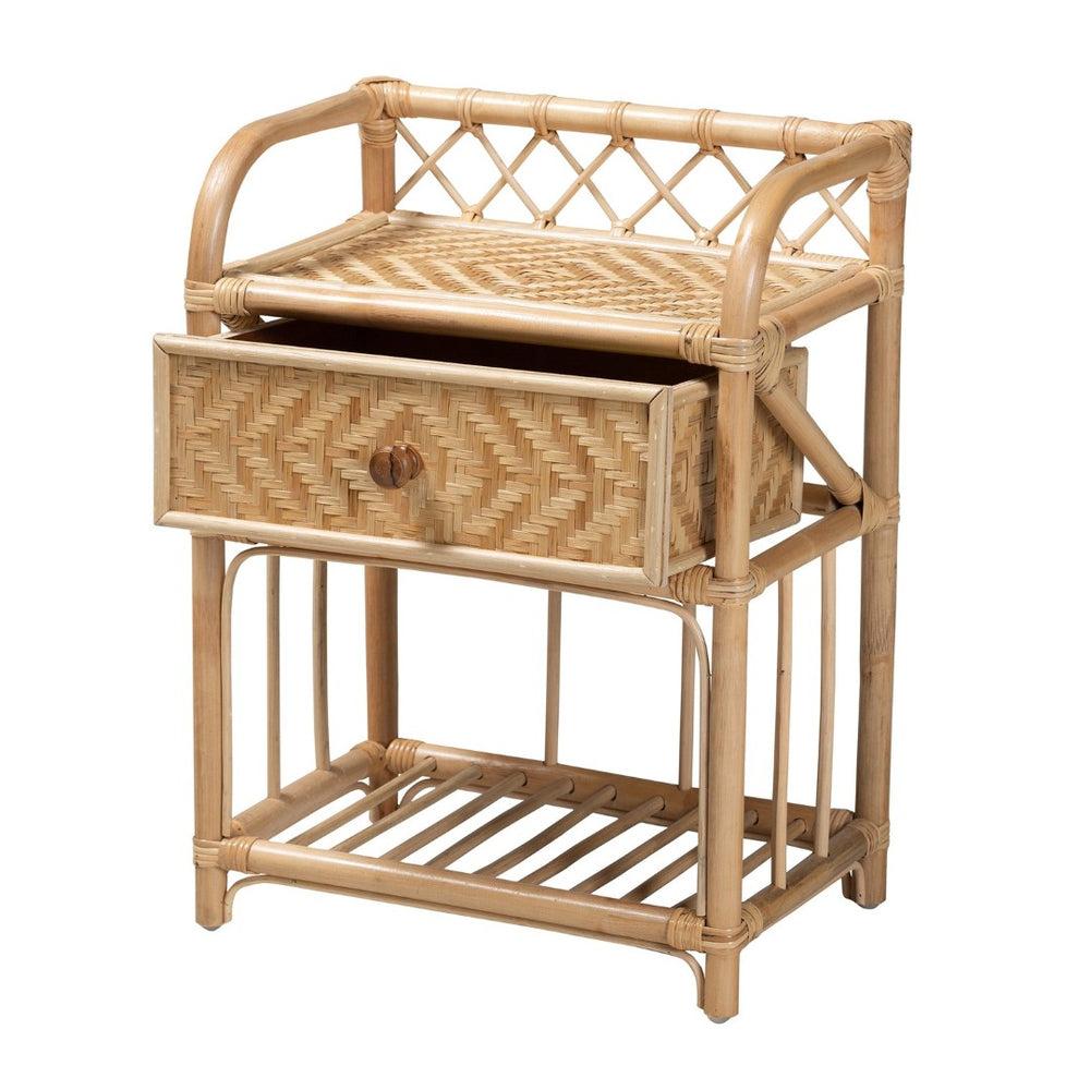 English Elm Modern Bohemian Rattan Woven Nightstand with Drawer and Open Shelf for Bedroom B2750P467647