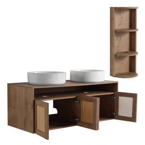 English Elm 48" Floating Bathroom Vanity Dual Ceramic Vessel Sinks Oak Finish Soft Close Doors W999S00504