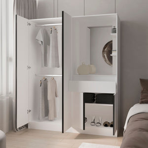 English Elm CaneMulti-Functional Wardrobe & Vanity with Mirror, Hanging Rod, Shelves, Drawer — Space-Saving White B128S00179