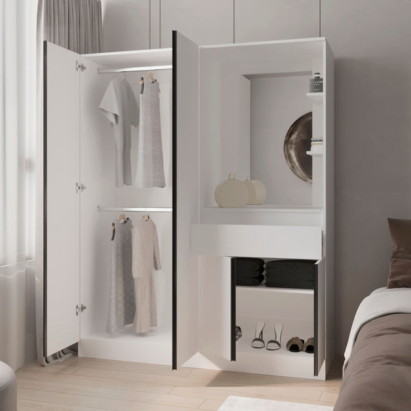 English Elm CaneMulti-Functional Wardrobe & Vanity with Mirror, Hanging Rod, Shelves, Drawer — Space-Saving White B128S00179