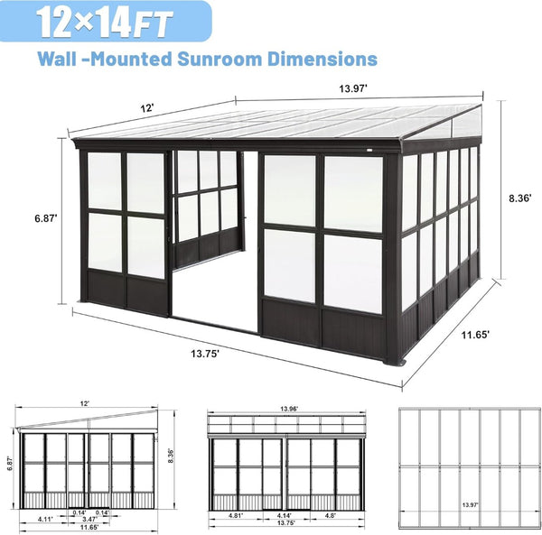English Elm 10x14ft Aluminum Lean to Solarium with Polycarbonate Panels and Dual Sliding Doors W1859P238681