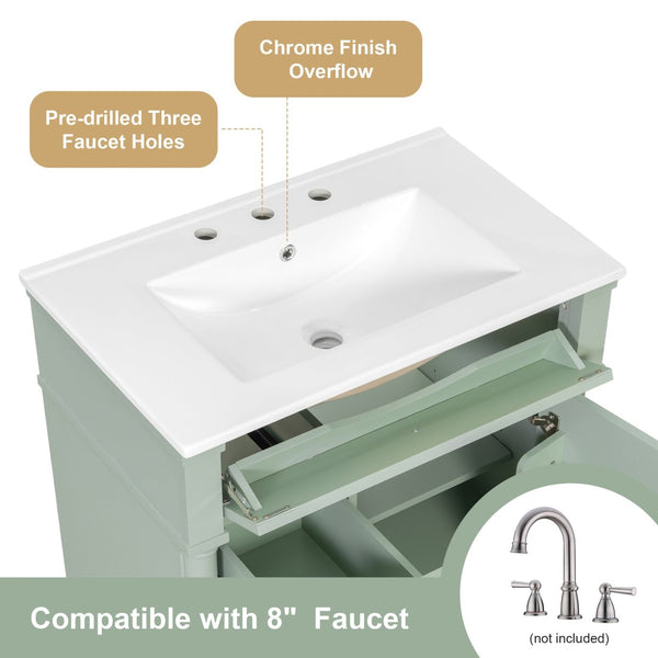 English Elm 30" Freestanding Bathroom Vanity Rubberwood Frame Ceramic Sink Flip Drawer Storage Green N725P356062F