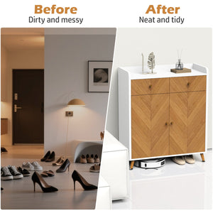 English Elm Shoe Cabinet 4-Tier with 2 Drawers and Doors, Herringbone MDF Top, Adjustable Shelves for Entryway White W3383P361252