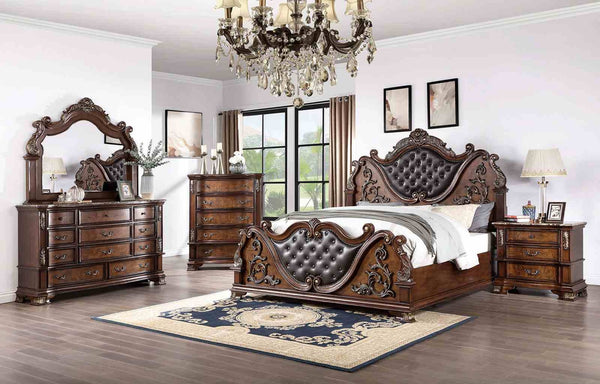 English Elm Luxurious Tufted Leatherette California King Bed Baroque Carved Wood Formal Bedroom B2741S00812