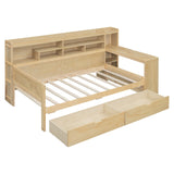 English Elm Wooden Twin Size Daybed With Storage Shelves, Multi-Functional Bed With Two Storage Drawers and Study Desk, Natural