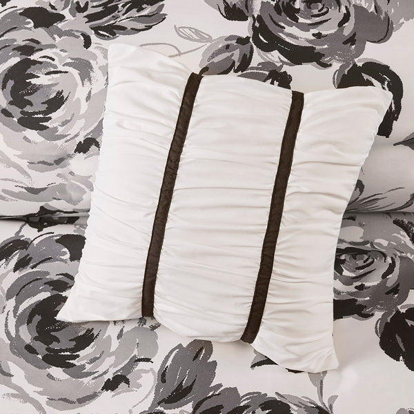 JLA Home Intelligent Design - Floral Black & White Microfiber Comforter Set with Bold Floral Face, Solid Reverse and Decorative Pillows 90 L x 90 W x 1H ID10-1591